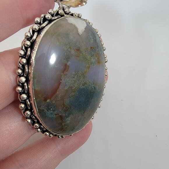 Handmade Sterling Silver Pendant with Moss Agate Oval Cabochon Green Gemstone - Picture 7 of 10